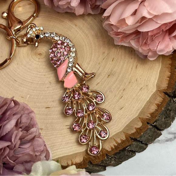Beautiful Golden and Pink Crystal Peacock Keychain Charm - Picture 9 of 15